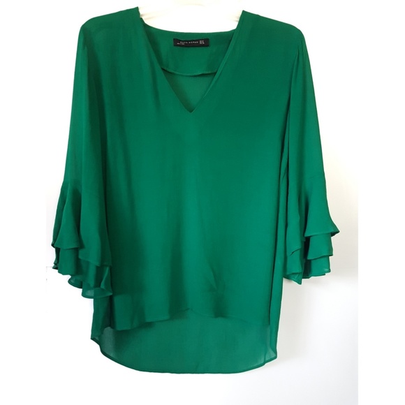 Zara Tops - Zara Green Ruffle Bell Sleeve Blouse